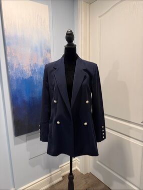 Zara Navy Double-Breasted Blazer with Pearl Buttons